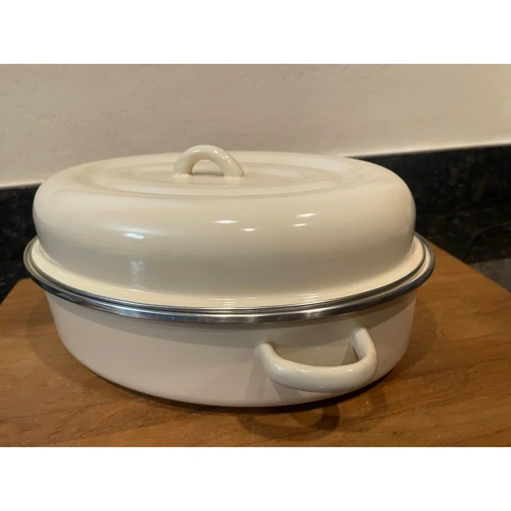 13 X 9 White Enamel Porcelain Roasting Pan With lid